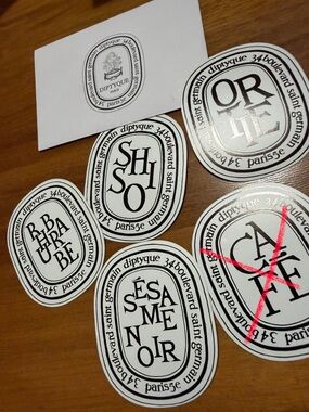 Diptyque stickers SET OF FOUR — shiso, sesame noir, rhubarb, and ortie